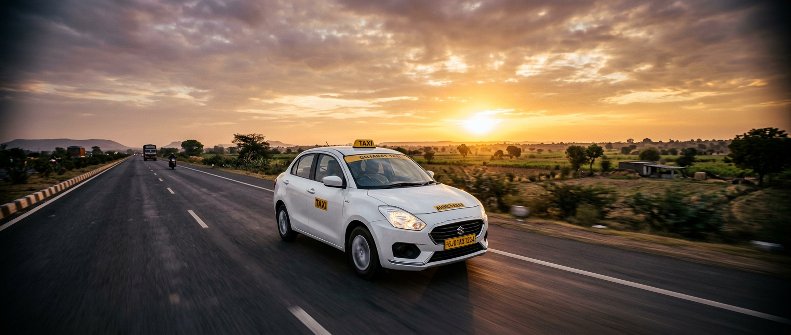 Premium Chamunda Cab sedan on an open highway at sunrise